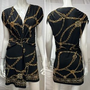 Vintage Cache Black Cap Sleeve Gold Chain Print Y2K Ruched Short M Stretch Dress